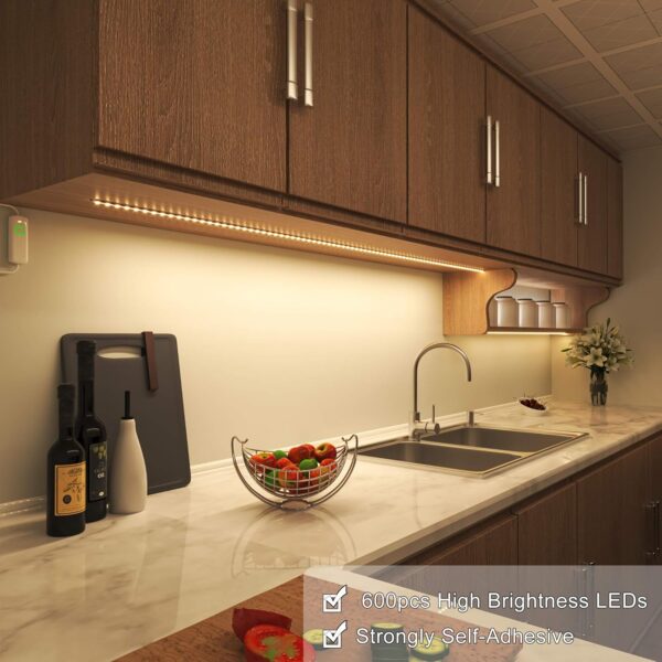 MYPLUS Under Cabinet Lighting Kit, 32.8 Ft Dimmable Led Strip Lights with 600 LEDs,12V, Low Power Safety Adapter, Flexible Tape Light for Kitchen Cabinet,Bedroom,Counter,Shelf (Warm White-3000k) - Image 2