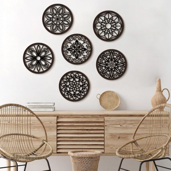 Ferraycle 6 Pieces Thicken Rustic Wall Decor Farmhouse Wall Art Decor Wooden Round Wall Art Rustic Hollow Carved Wall Art for Living Room Bedroom Kitchen Decor Small Size 9.8" x 9.8" (Black Brown) - Image 7
