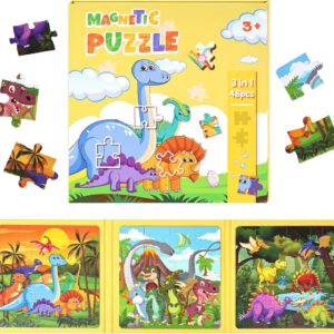 AMOR PRESENT Magnetic Puzzles for Toddlers, Wooden Travel Puzzles Book for Kids Dinosaur Learning Magnet for Road Trip