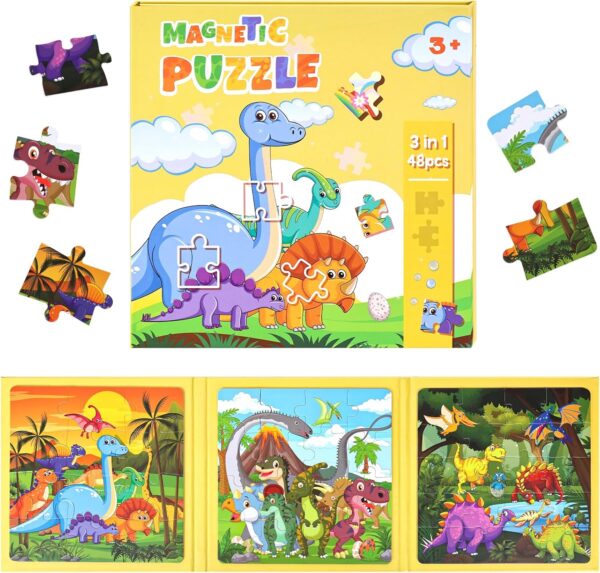 AMOR PRESENT Magnetic Puzzles for Toddlers, Wooden Travel Puzzles Book for Kids Dinosaur Learning Magnet for Road Trip