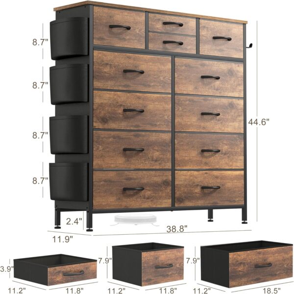 Lulive Dresser for Bedroom with 12 Drawers, Tall Dresser Chest of Drawers with Side Pockets and Hooks, Fabric Dresser Storage Tower for Closet, Hallway, Living Room (Rustic Brown) - Image 3