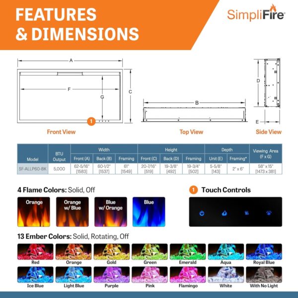 SimpliFire 60-Inch Allusion Platinum Linear Electric Fireplace (SF-ALLP60-BK) - Image 6