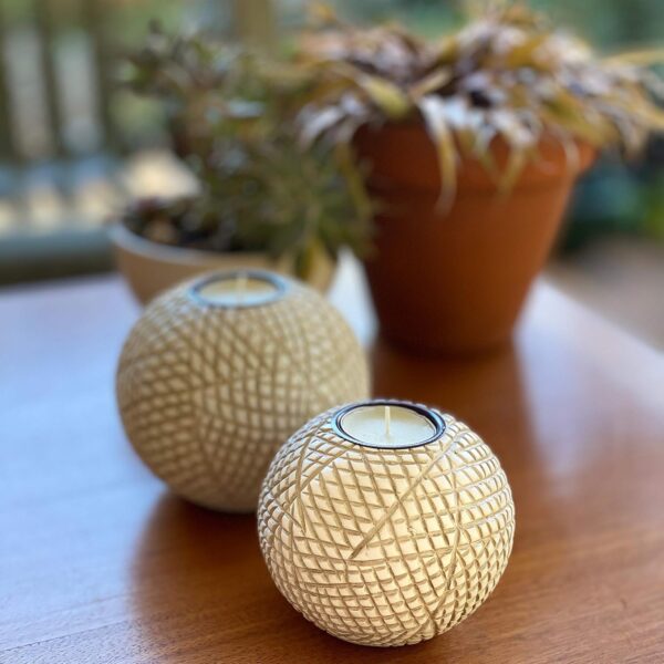 Luca Orb Candle Holders (Gift Boxed Set of 2), Table Centerpieces for Dining or Living Room, Spa, Bathroom, Kitchen Counter, Mantle or Coffee Table Decor (Grid Pattern, Beige and White) - Image 5