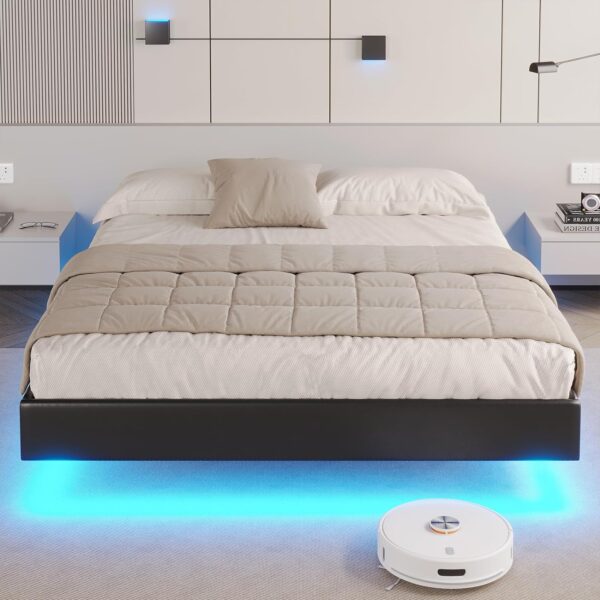 DICTAC Floating Queen Bed Frame with LED Lights Modern Upholstered Platform Bed Frame Queen Size no Headboard Faux Leather Queen Led Visual Floating Bed,No Box Spring Needed, Easy to Assemble,Black - Image 3