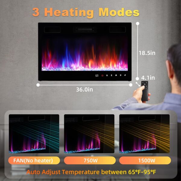 Electric Fireplace Insert 36" Realsmart 1500W Wall Mounted Electric Fireplaces with Recessed Heaters, Remote Control, Slim Black Fireplace Screen, Timer, 12 Flame Colors LED Decor, Low Noise - Image 4