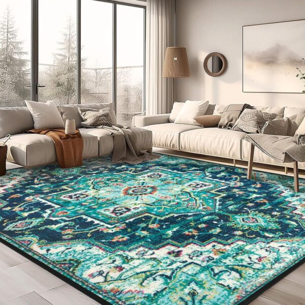 Area Rugs 5x7 Washable Living Room Rug,Vintage Soft Boho Area Rug,Non-Slip/Non-Shedding Print Floor Carpet for Dining Room,Bedroom-Green - Image 2
