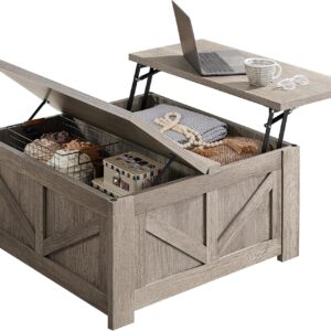 Yaheetech Lift Top Coffee Table, Square Farmhouse Coffee Table with Hidden Storage Compartment, Wood Center Table for Living Room, Home Office, Gray