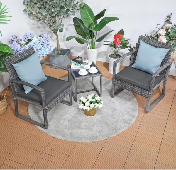 Patiorama 3 Piece Outdoor Patio Furniture Conversation Set, Rattan Chair Set With Coffee Table, For Garden, Balcony, Backyard, Poolside (Dark Grey) - Image 2