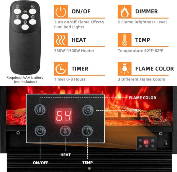 Giantex 28.5" Electric Fireplace Insert, Wall Recessed/Mounted, Freestanding Fireplace with Remote Control, 3 Color Adjustable Flames, 2 Modes Heat, 8 H Timer, 5 Brightness Settings, 750/1500W Heater - Image 3