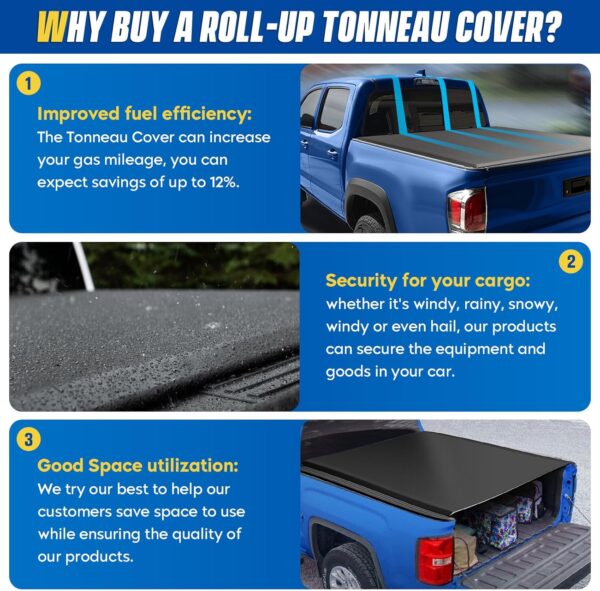 Soft Roll-up Truck Bed Tonneau Cover for Toyota Tacoma 2016-2023, Fleetside 5.0 ft 60 in Bed, Not fit Trail Special Edition with Storage Boxes - Image 8