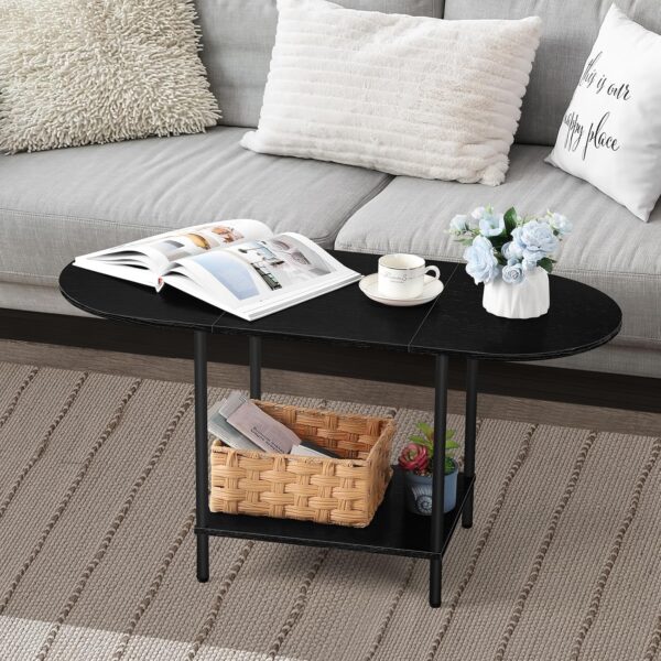 Black Coffee Table for Living Room, 2-Tier Small Oval Center Table, Mid Century Farmhouse Round Tea Table with Storage Shelf for Small Space, Home Office, Living Room - Image 7