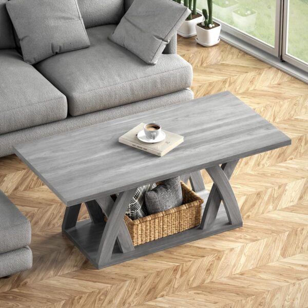Farmhouse Coffee Table with Shelf, Wood Coffee Table for Living Room, Open Display Area,47” Grey - Image 4