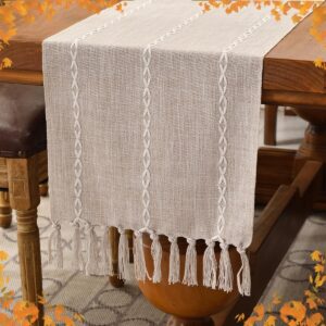 Wracra Rustic Linen Table Runner Farmhouse Style Table Runners 72 inches Long Embroidered Fall Table Runner with Hand-Tassels for Party, Dresser and Dining Room Decorations(Light Coffee, 13"×72")