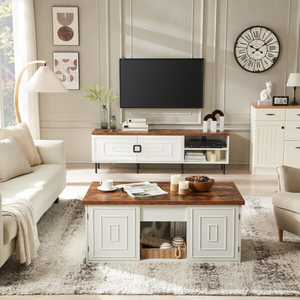 Lift Top Coffee Table with Storage, 48" Rustic Center Table with Hidden Storage Compartment and 2 Cabinet, White Coffee Table Converts to Dining Table for Living Room, Office - Image 7
