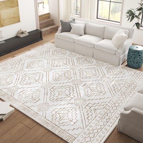 jinchan Moroccan Area Rug 6x9 - Washable Rug Low Pile Bedroom Large Rug Ultra-Thin Faux Wool Non-Slip Modern Geometric Soft Accent Rug Indoor Carpet for Living Room Kitchen Dining Room Farmhouse Taupe