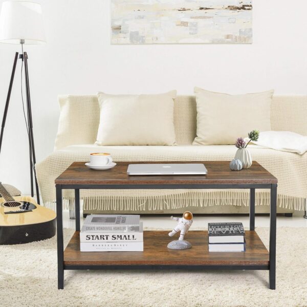 SUPER DEAL 2-Tier Industrial Coffee Table with Storage Shelf for Small Apartment Living Room, Rectangle Wood and Stable Metal TV Stand Side End Table, Rustic Brown - Image 2