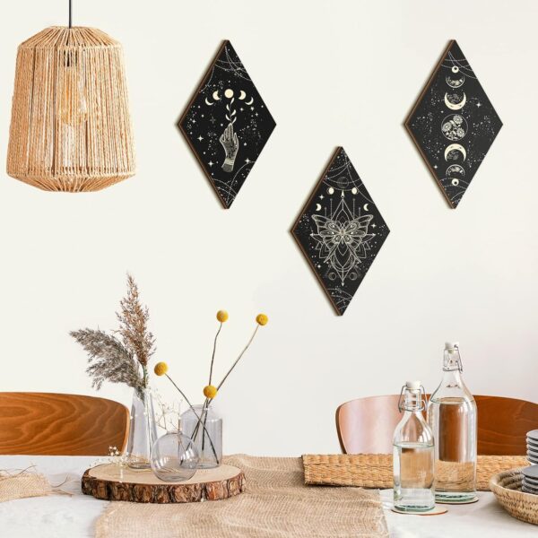 Ferraycle 3 Pcs Rustic Boho Wall Decor Moon Phases Butterfly Wall Art Stars Moon Decor Minimalist Room Decor Wooden Gothic Witchy Wall Pediments Hanging Sign for Home (Black, Gold, 6.7 x 11.8 Inch) - Image 2