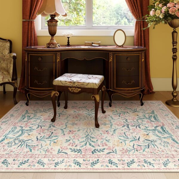 Lahome Pink Boho Rugs for Living Room 5x7, Washable Area Rugs for Bedroom Girls Non Slip, Soft Floral Low-Pile Nursery Carpet for Dining Room Kids Room Indoor, Pink/Multi - Image 2