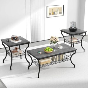 VECELO 3 Pieces Living Room Sets Coffee and End Tables with Open Storage Shelves for Apartment, Home Office, Small Space, Easy Assembly, Dark Grey