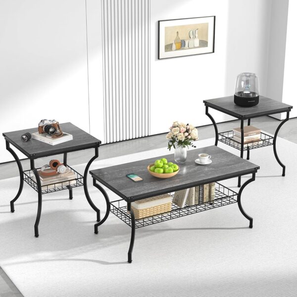 VECELO 3 Pieces Living Room Sets Coffee and End Tables with Open Storage Shelves for Apartment, Home Office, Small Space, Easy Assembly, Dark Grey