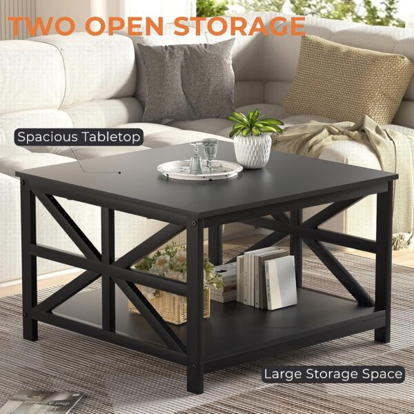 GreenForest Coffee Table with Storage, 27.6 inch Square Coffee Table, Seamless One-Piece Tabletop Design, Small Coffee Tables for Living Room, Farmhouse Sofa Table, Rustic Center Table, Black - Image 4