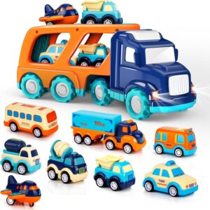 9 Pack Cars Toys for 2 3 4 5 Years Old Toddlers Boys & Girls Gift, Big Transport Truck with 8 Small Cute Pull Back Trucks, Carrier Truck with Sound & Light 13.5 * 5.5 inch, 2.5 *1.6 inch
