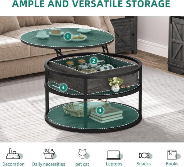 DWVO Round Coffee Tables for Living Room,Lift Top Coffee Table with Storage, Farmhouse Wood Coffee Table,Circle Coffee Tables Living Room for Home Office,Grey - Image 6