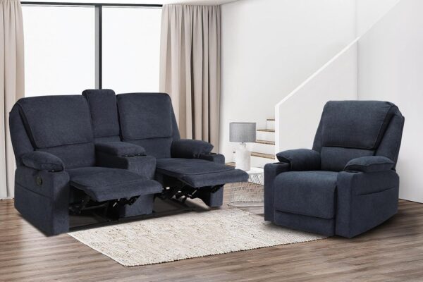 KIGOTY Loveseat and Recliner Chair, Living Room Set, 2-Piece Recliner Furniture Sofa, with Rocking Recliner Chair with Cup Houlders for Living Room, Home Theater,Navy Blue - Image 6