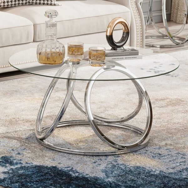 O&K FURNITURE Silver Coffee Table, Modern Glass Coffee Table Living Room Table with Ring-Shaped Frames, Glass Coffee Table for Home&Office, Chrome Finish, 1 PC - Image 3