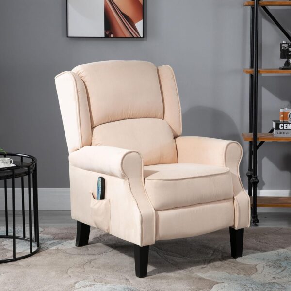 HOMCOM Vibration Massage Recliner Chair for Living Room with Heat, Wingback Single Sofa, Modern Suede Fabric Push Back Reclining Chair with Footrest, Side Pocket, Beige - Image 2