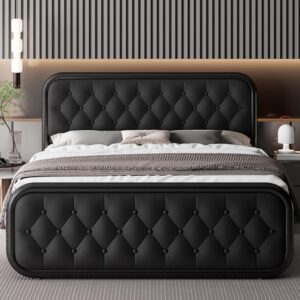Feonase Full Size Bed Frame, Heavy Duty Bed Frame with Faux Leather Headboard, Upholstered Platform Bed with Strong Metal Slats, 12" Under-Bed Storage, Noise-Free, Easy Assembly, Black