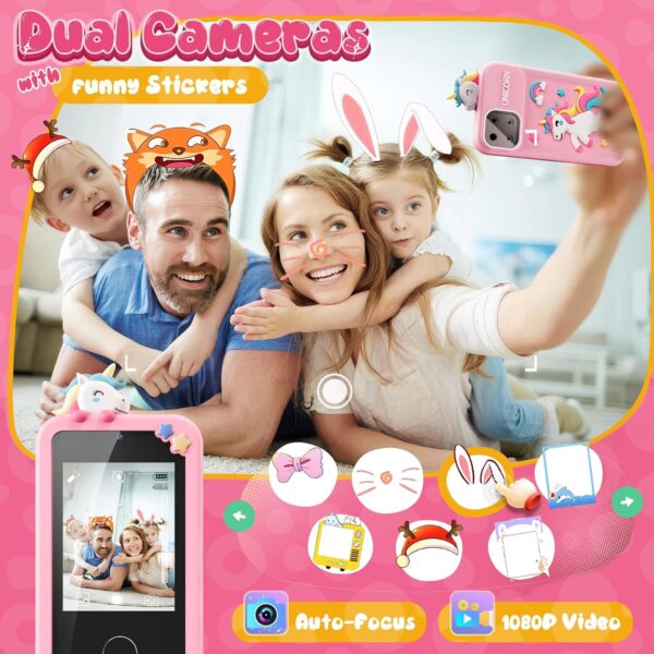 Kids Smart Phone Toys for Girls,Unicorn Gift Toys for Girls Ages 3-9 Christmas Birthday Gifts Mini Smart Phone Toys with 2.8" Touchscreen 16 Learning Games Dual Camera Music Player, 8G SD Card Pink - Image 3