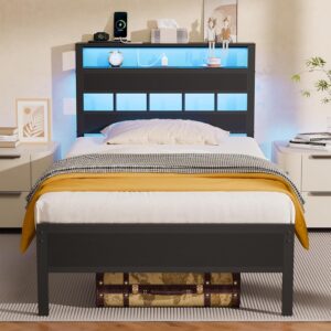 Furnulem Full Size Bed Frame with LED Light and Charging Station, Storage Headboard with 2-Tier Shelves, Metal Platform Bed with Heavy Duty Slats Support, No Box Spring Needed, Black Oak