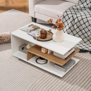 Giantex Coffee Table with Storage, Modern Rectangular Accent Table with L-Shaped Middle Shelf, Versatile 3-Tier Cocktail Table Sofa Table, Geometric Center Table for Living Room (Natural and White)