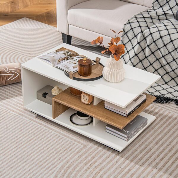 Giantex Coffee Table with Storage, Modern Rectangular Accent Table with L-Shaped Middle Shelf, Versatile 3-Tier Cocktail Table Sofa Table, Geometric Center Table for Living Room (Natural and White)