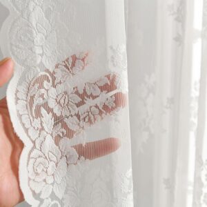 Kotile Short Lace Curtains 36 Inch Length 2 Panels Set, Country Rustic Floral Lace Kitchen Window Curtains Over Blinds, Rod Pocket Privacy Vintage Sheer Lace Café Curtains, Each 52 x 36 Inch, Ivory