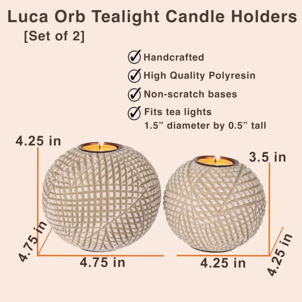 Luca Orb Candle Holders (Gift Boxed Set of 2), Table Centerpieces for Dining or Living Room, Spa, Bathroom, Kitchen Counter, Mantle or Coffee Table Decor (Grid Pattern, Beige and White) - Image 3