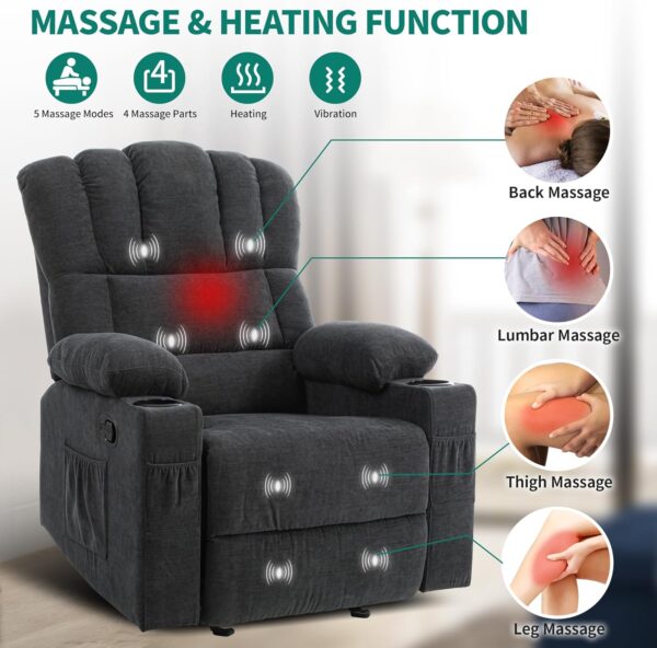 DWVO Manual Recliner Chair with Massage and Heat, Fabric Recliner Chair with Overstuffed Armrest, Rocking Recliner with 2 Cup Holders, USB Charge Port and Side Pocket for Living Room, Grey - Image 3