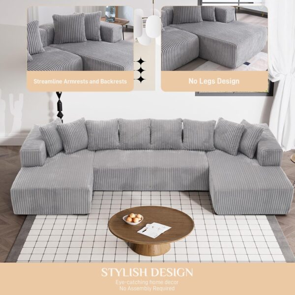 131" Modular Sectional Couch, Luxury Couches for Living Room, Comfy Corduroy Couch Sectional Sofa with Double Chaise Lounge, Free Combination Sleeper Sofa with Memory Foam, Grey - Image 5
