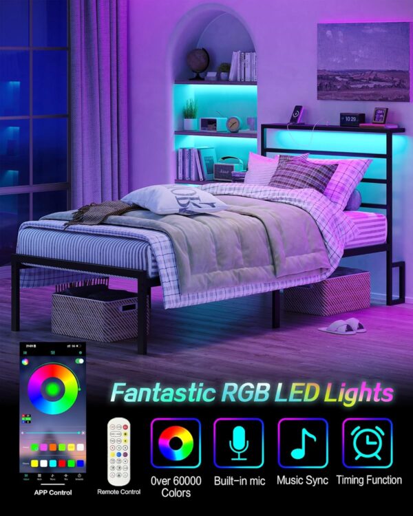 Queen Bed Frame with Headboard and Footboard,Heavy Duty Steel Slats Support Metal Bed Frame with Charging Station, Black - Image 5