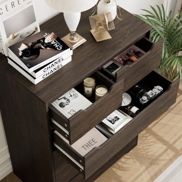 HOSTACK Modern 5 Drawer Dresser for Bedroom, Chest of Drawers with Storage, Wood Storage Chest Organizers with Cut-Out Handles, Accent Storage Cabinet for Living Room, Entryway, Hallway, Dark Brown - Image 7