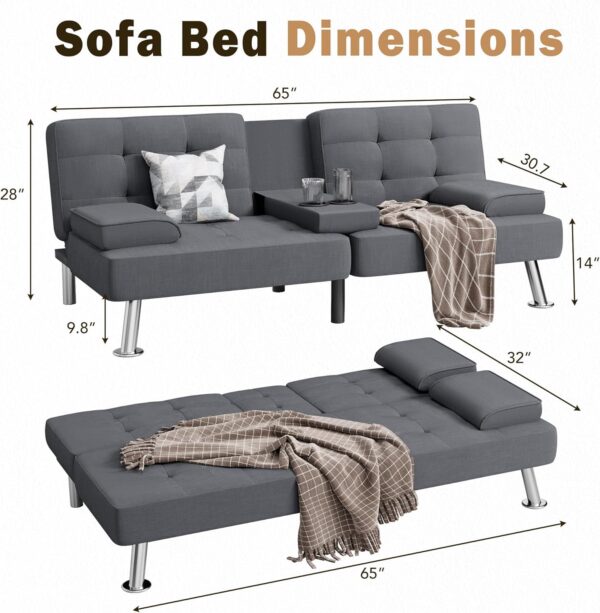 Shahoo Modern Linen Upholstered Convertible Folding Futon Sofa Bed with Removable Armrests, Metal Legs, 2 Cup Holders for Living Room, Dark Grey - Image 2