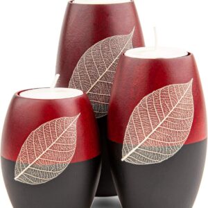 IYARA CRAFT 3 Wooden Candle Holders Decorative Candle Holders with Beauty Decor Dry leaf – Intricate Details – Matte Wood Finish – Ideal for Modern & Rustic Settings 2 tones, red, black (Rugby Shape)