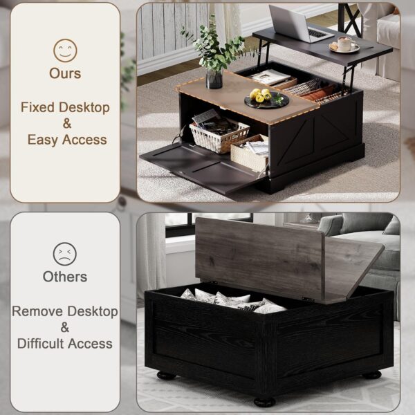 ChooChoo Farmhouse Coffee Table with Hidden Storage, Large Square Center Coffee Table with Lifting Top and Flip Drawer, Wood Rustic Cocktail Coffee Table for Living Room, Black - Image 4