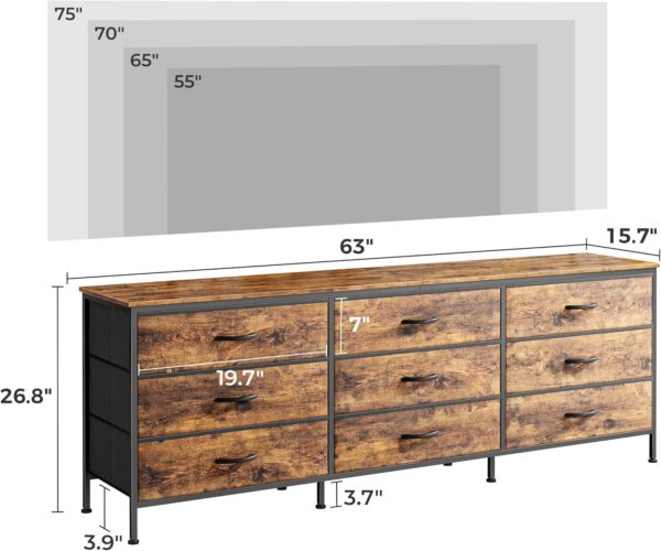 9 Drawer Dresser, 63 Inch Dresser TV Stand for 55, 65, 70 Inch TV, Entertainment Center with Drawers, Large Long Fabric Dresser for Bedroom, Closet, Rustic Brown,8730Z - Image 3