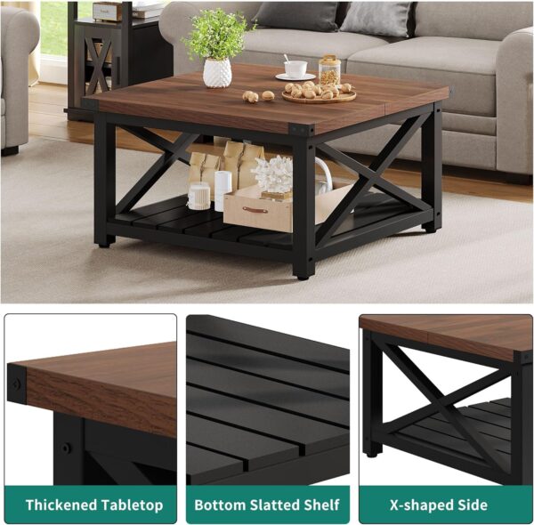 YITAHOME Farmhouse Coffee Table,Square Coffee Table for Living Room, Vintage Living Room Table with Shelf, Coffee Table with Storage,Brown - Image 4