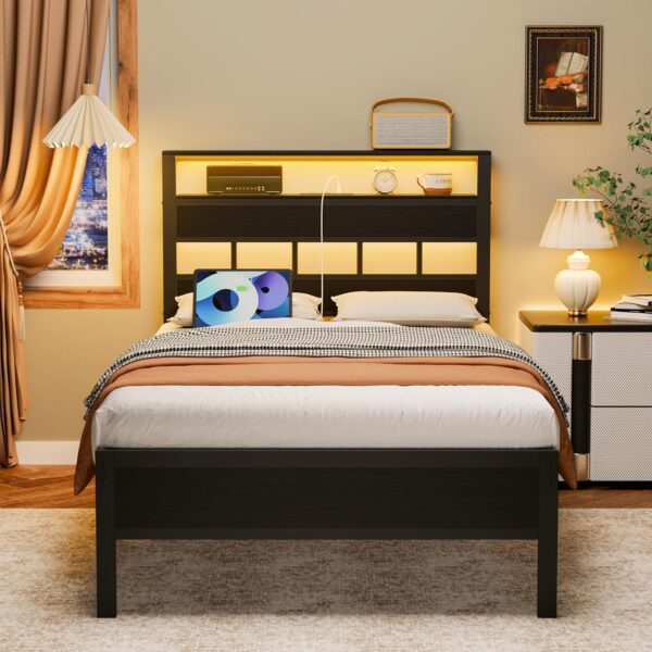 Furnulem Full Size Bed Frame with LED Light and Charging Station, Storage Headboard with 2-Tier Shelves, Metal Platform Bed with Heavy Duty Slats Support, No Box Spring Needed, Black Oak - Image 4