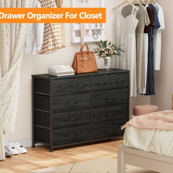 Furnulem 10 Drawer Dresser for Bedroom, Chest of Drawer for 55'' Long TV Stand Entertainment Center, Storage Organizer for Closet, Living Room, Entryway, Fabric Bins, Wood Top, Metal Frame(Black Oak) - Image 7
