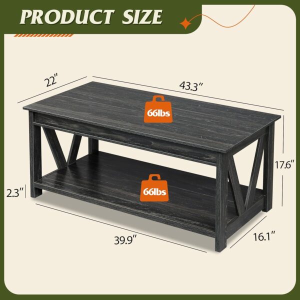 WLIVE Coffee Table, 43" Living Room Coffee Table with Storage Shelf, Center Table for Living Room, Bedroom, Office and Balcony, Black - Image 3