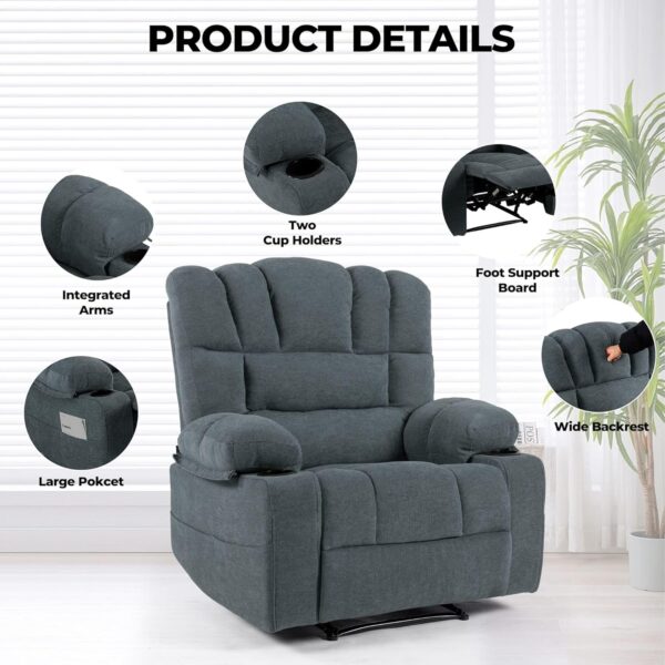 Massage Chair Recliner with Heat,Manual Recliner Chair for Adults,Lazy Boy Recliner Chair with Cup Holder,2 Pockets,Adjustable Backrest,Footrest,Oversized,Heavy Duty (Grey) - Image 5